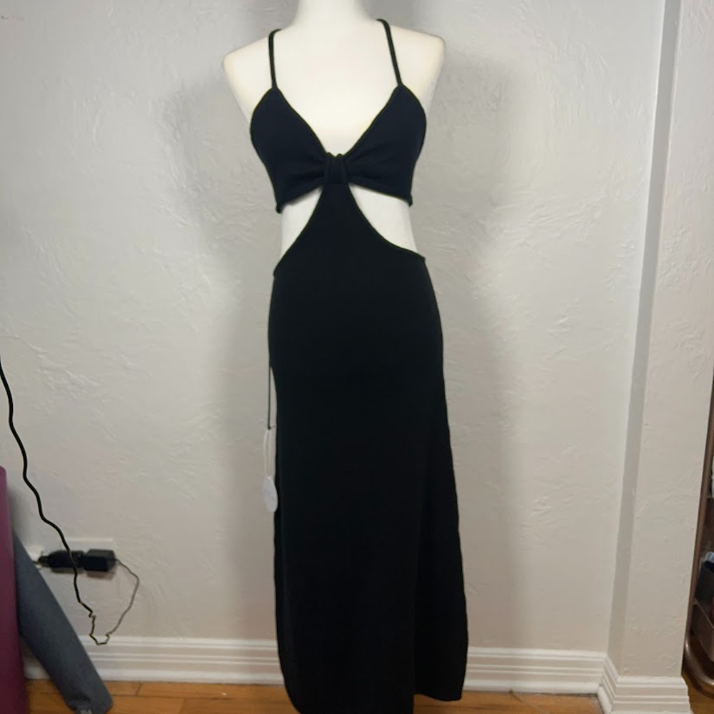 NWT Petal & Pup Hailey Tie-Back Cutout Knit Midi Dress Black Sweater Ribbed Sz 8